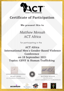 ACT Africa International Men's GBVF Certificate of Participation - Matthew Mensah