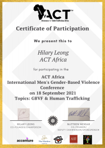 ACT Africa International Men's GBVF Certificate of Participation - Hilary Leong